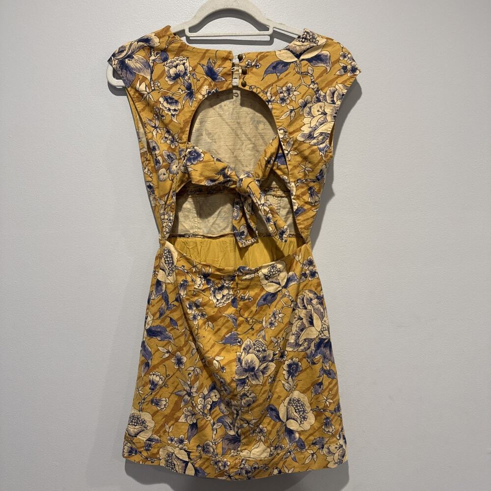 ANTHROPOLOGIE Tie Back Dress Boho Cap Yellow Blue Floral Open Back Mini Size 0 - Picture 8 of 14